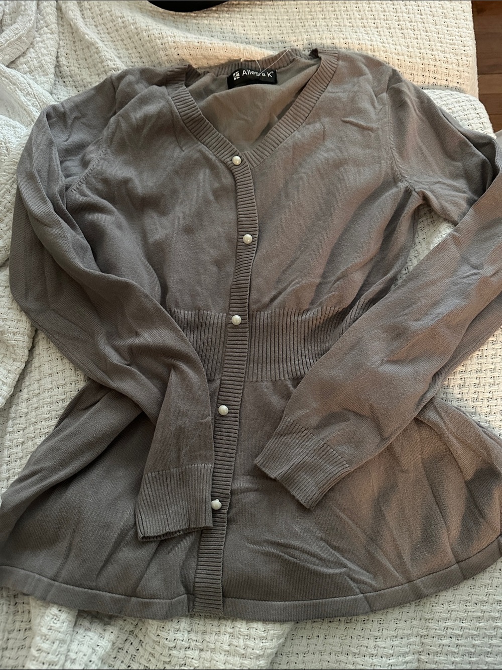 Allegra K Mushroom Gray V-Neck Button Cardigan M